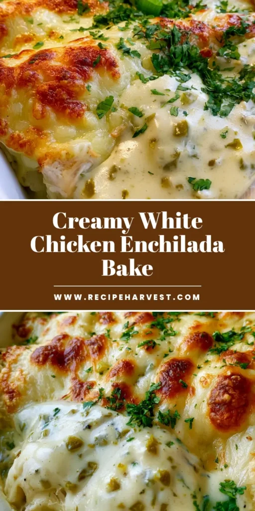 A bubbling White Chicken Enchilada Casserole in a white ceramic dish with golden-brown Monterey Jack cheese spots and fresh cilantro garnish.