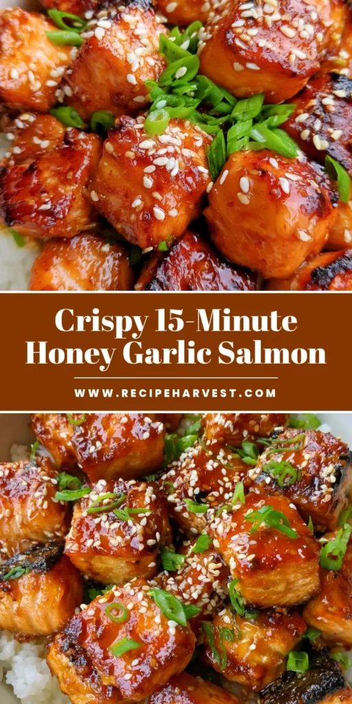 Honey Garlic Salmon Bites: The Ultimate 15-Minute Sticky Glazed Dinner 3 Close-up of Honey Garlic Salmon Bites with glossy amber glaze and sesame seeds in a white bowl over jasmine rice.