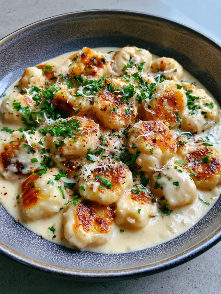 Creamy Garlic Parmesan Gnocchi (The Ultimate Millionaire Gnocchi) 1 Overhead view of Creamy Garlic Parmesan Gnocchi showing the golden caramelized edges and fresh parsley garnish.