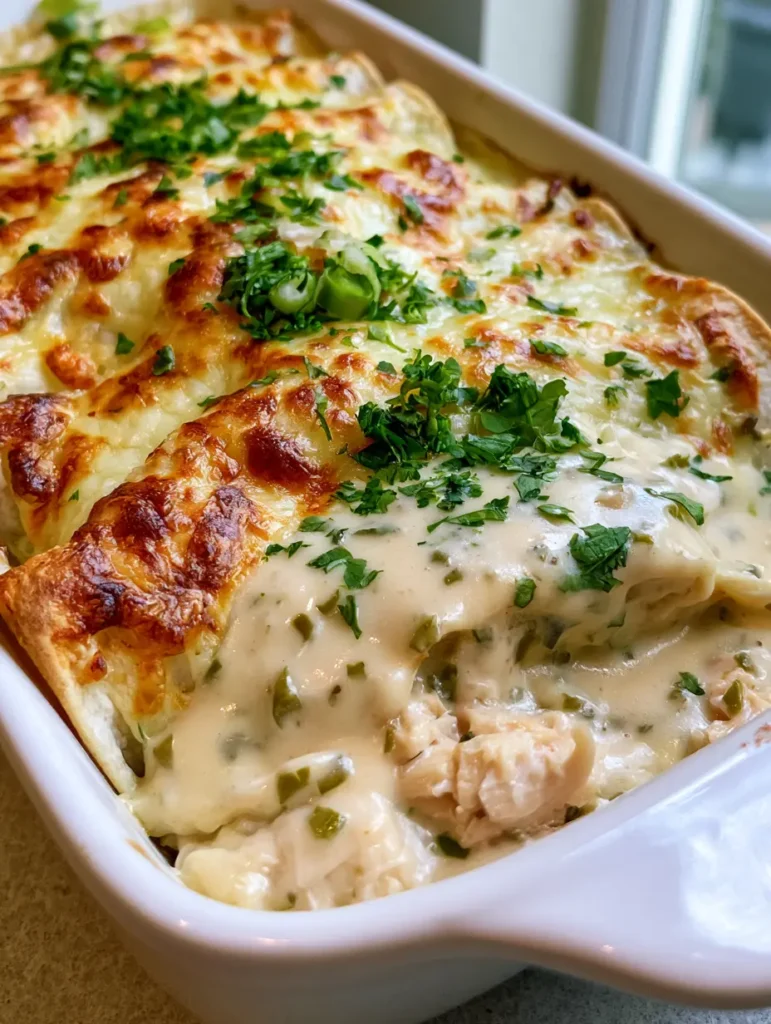 Overhead view of a White Chicken Enchilada Casserole showing bubbly cheese and green onion garnishes.