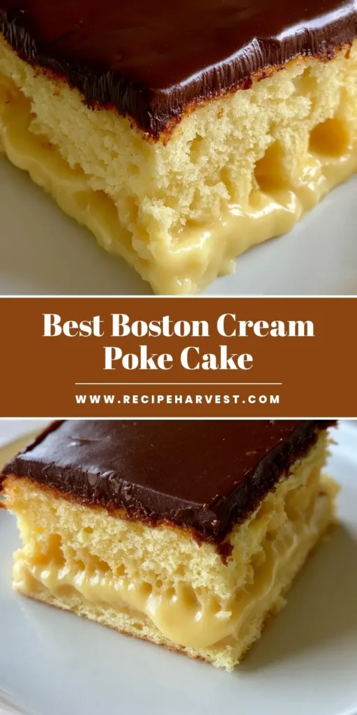 Boston Cream Pie Poke Cake: The Ultimate Moist and Creamy Dessert 4 A vertical shot of a rectangular slice of Boston Cream Pie Poke Cake showing vertical pudding-filled holes and glossy dark chocolate ganache.