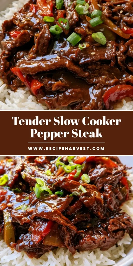 Slow Cooker Pepper Steak: The Ultimate Melt-in-Your-Mouth Recipe 4 A shallow white bowl filled with Slow Cooker Pepper Steak, featuring glossy beef strips and vibrant red and green peppers over steamed white rice, garnished with scallions and sesame seeds.