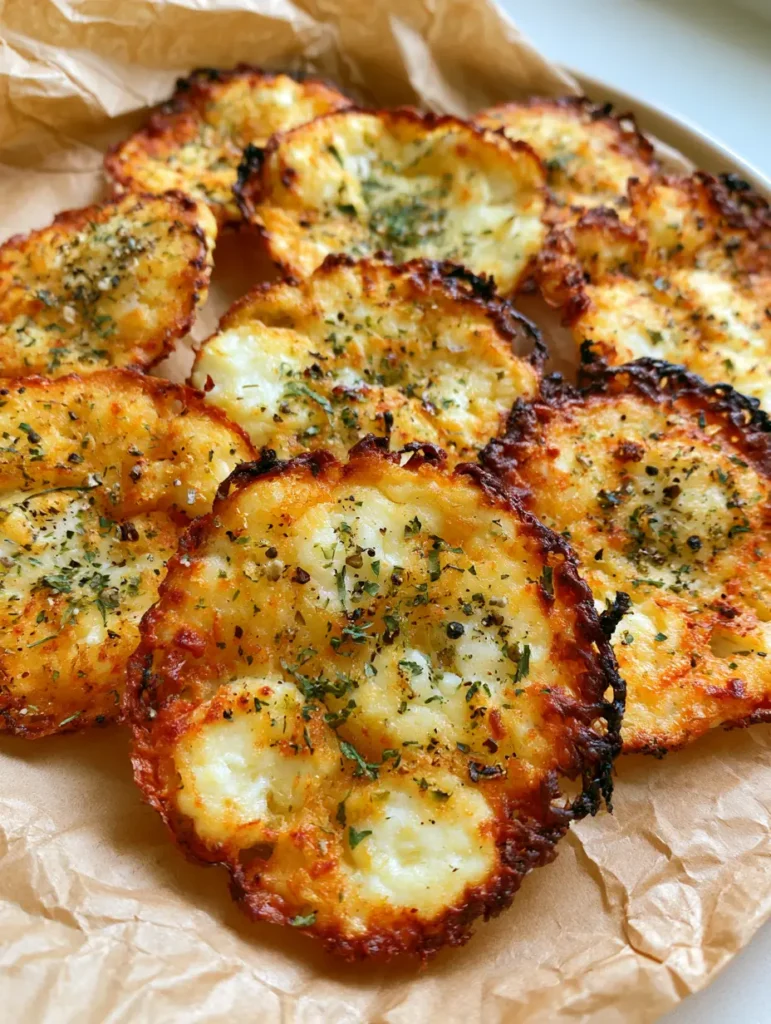 Overhead view of Crispy Cottage Cheese Chips seasoned with black pepper and oregano on a neutral kitchen countertop.