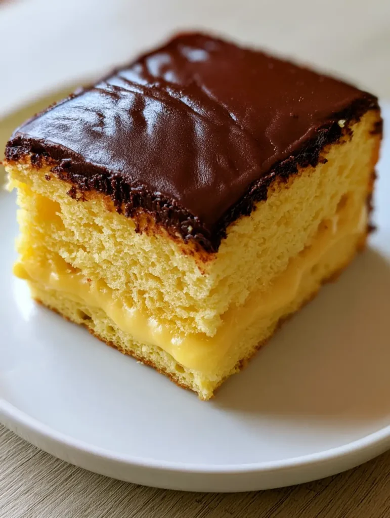 A close-up rectangular slice of Boston Cream Pie Poke Cake on a white ceramic plate, showing the airy yellow sponge and 5mm thick chocolate layer.
