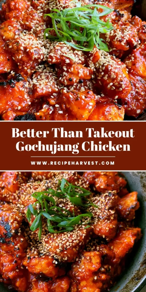 Close-up of sticky Korean Gochujang Chicken in a cast iron skillet with sesame seeds and scallions.