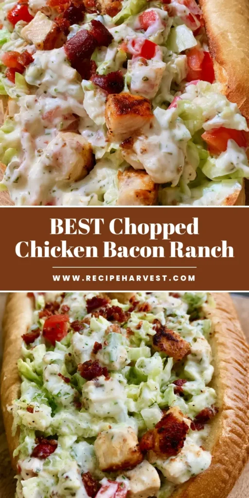 A toasted white hoagie roll overflowing with a finely chopped mixture of golden-brown chicken, crispy bacon, shredded lettuce, and diced tomatoes in creamy ranch. (Chopped Chicken Bacon Ranch Sandwich)
