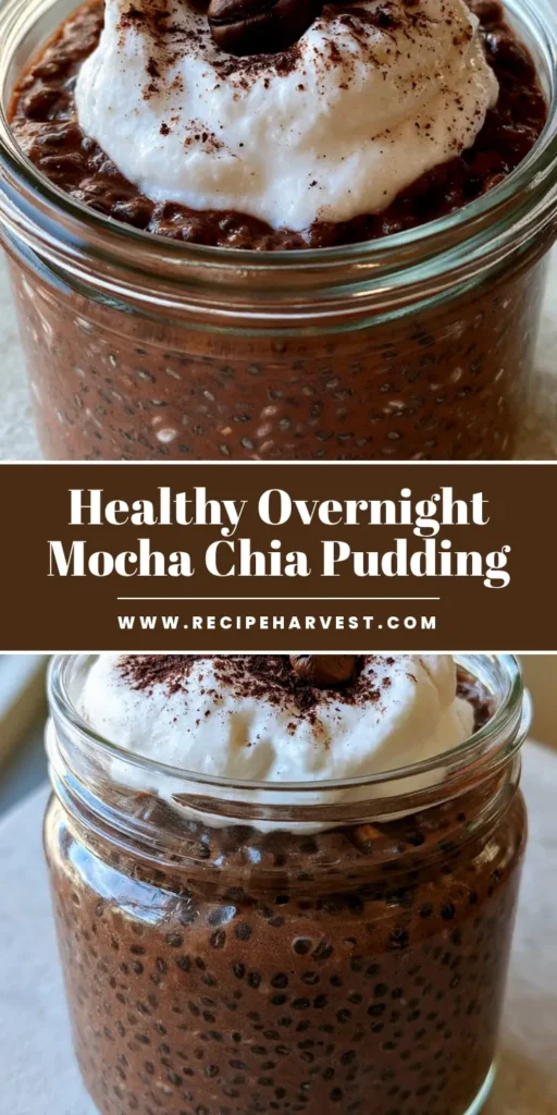 A tall glass jar of thick Mocha Chia Pudding with swollen black seeds, topped with a white coconut cream dollop, three coffee beans, and cocoa dust.