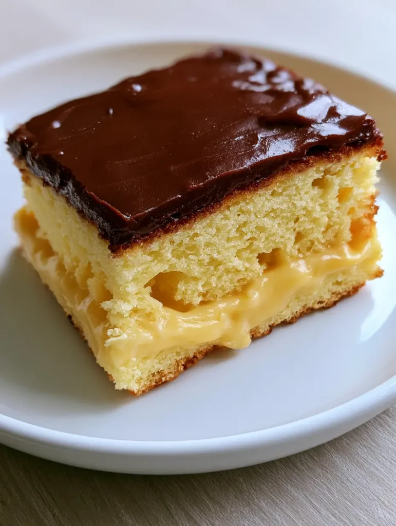 Boston Cream Pie Poke Cake: The Ultimate Moist and Creamy Dessert 1 Boston Cream Pie Poke Cake served on a light wood surface with soft side lighting on the glossy ganache.