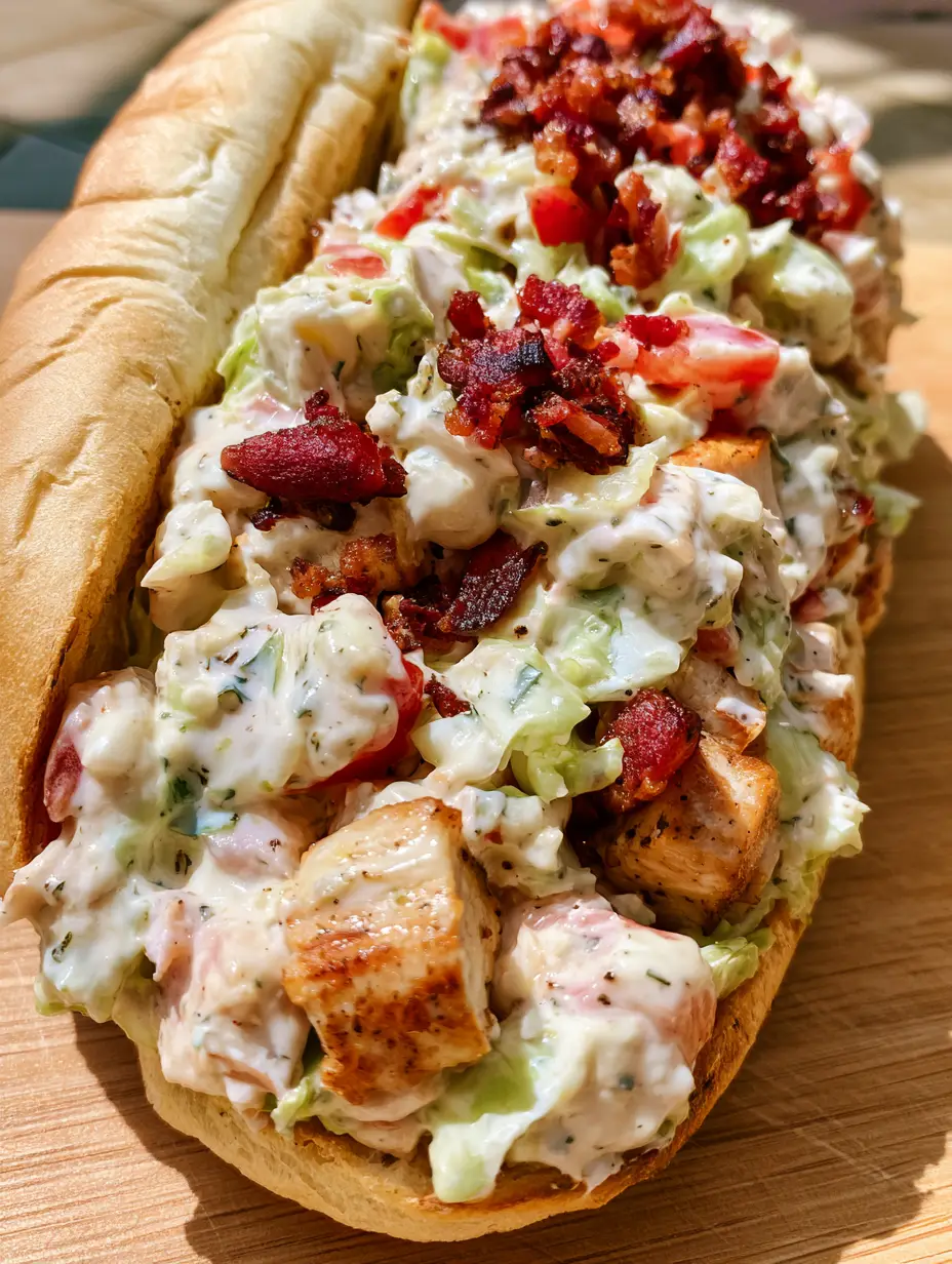 Overhead shot of a Chopped Chicken Bacon Ranch Sandwich on a wooden cutting board under natural light. (Chopped Chicken Bacon Ranch Sandwich)
