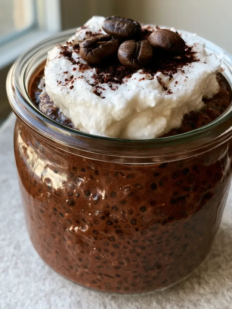 A close-up of dark brown Mocha Chia Pudding in a glass jar, highlighting the swollen black chia seeds and creamy texture.