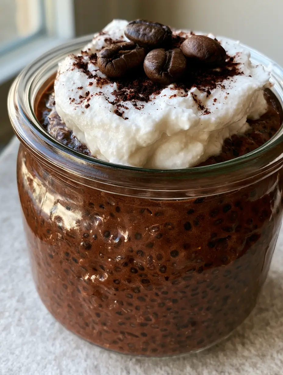 A close-up of dark brown Mocha Chia Pudding in a glass jar, highlighting the swollen black chia seeds and creamy texture.