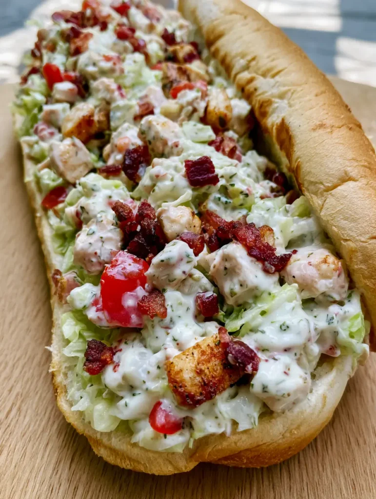 Close up of the toasted hoagie edges and the thick creamy ranch dressing with herb flakes. (Chopped Chicken Bacon Ranch Sandwich)