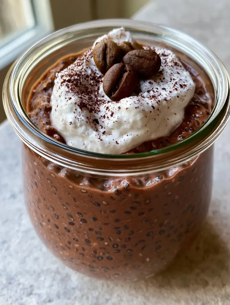 Side view of Mocha Chia Pudding showing the coconut cream dollop and roasted coffee bean garnish on a gray stone surface.