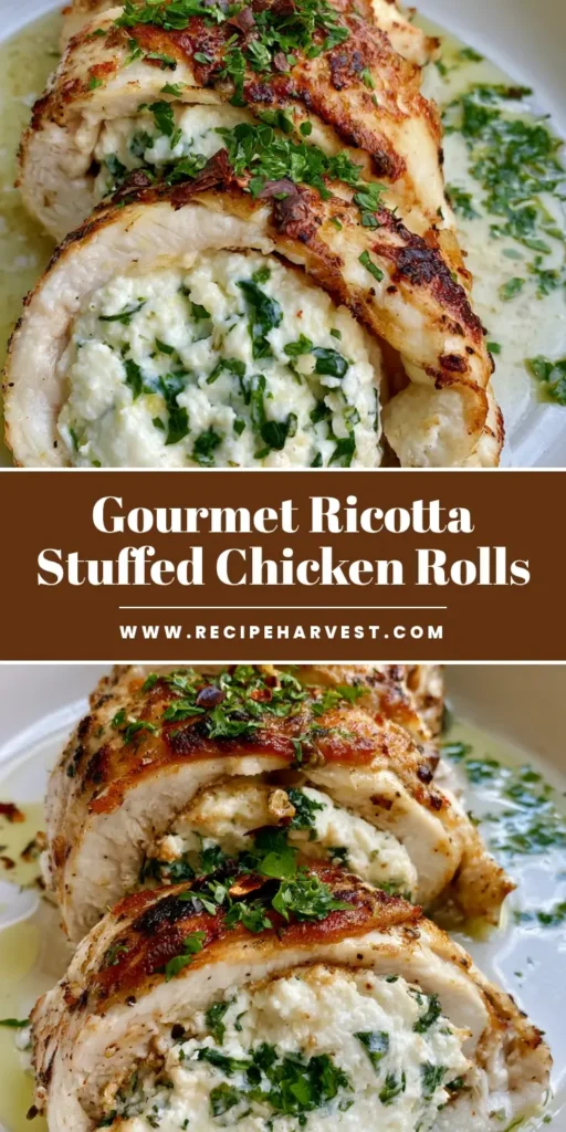 Ricotta Stuffed Chicken Rolls with Crispy Golden Skin 3 Sliced Ricotta Stuffed Chicken Rolls showing a creamy herbed center and crispy golden skin on a white plate. (Ricotta Stuffed Chicken Rolls)