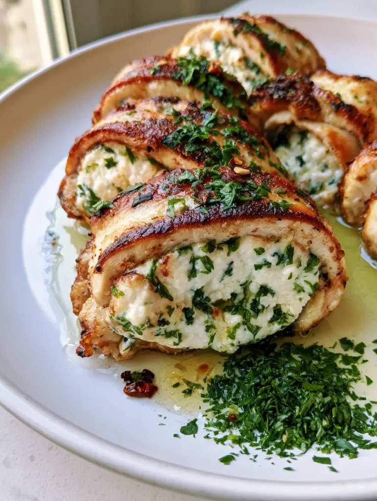 High-angle smartphone photo of golden brown Ricotta Stuffed Chicken Rolls with fresh parsley. (Ricotta Stuffed Chicken Rolls)