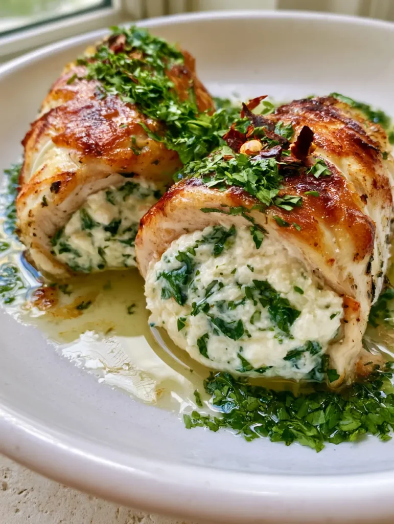 Ricotta Stuffed Chicken Rolls with Crispy Golden Skin 1 Close up of herbed ricotta filling inside a seared chicken roll. (Ricotta Stuffed Chicken Rolls)