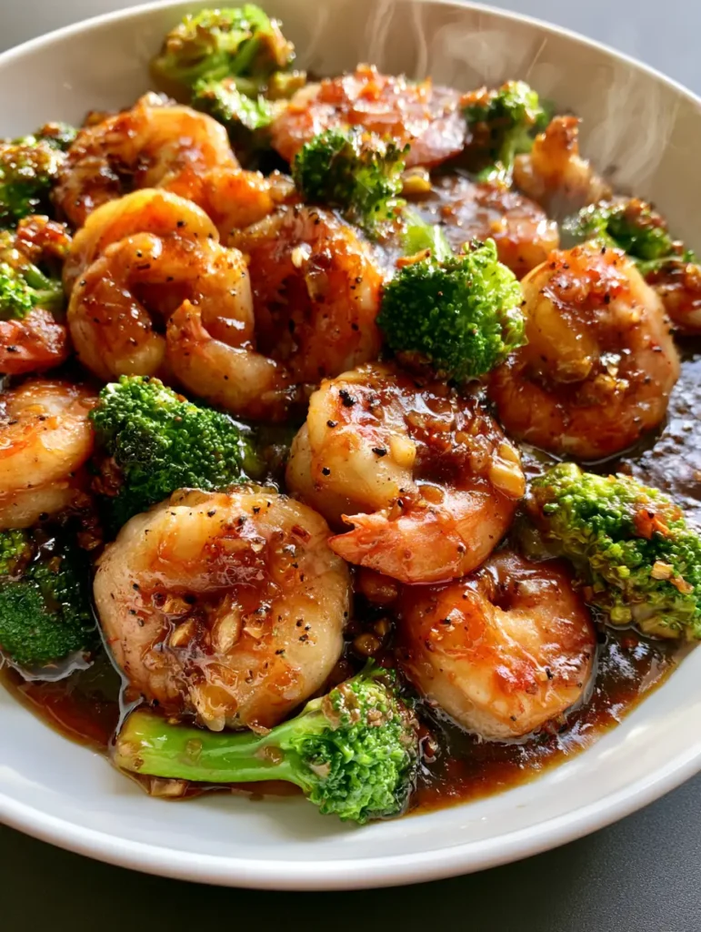 Close up of Honey Garlic Shrimp showing the thick amber glaze, minced garlic, and cracked black pepper.