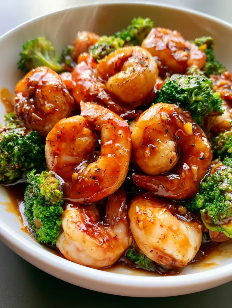 Honey Garlic Shrimp with Blanched Broccoli 1 Overhead shot of Honey Garlic Shrimp and broccoli florets in a white bowl with steam rising.