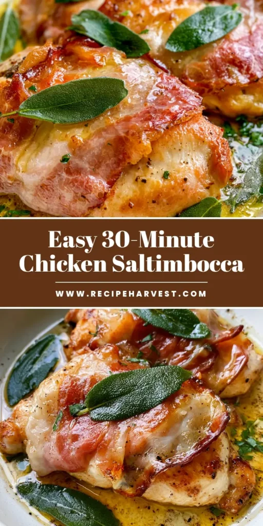 Chicken Saltimbocca with Crispy Prosciutto and White Wine Butter Sauce 3 A handheld smartphone photo of authentic Chicken Saltimbocca in a white ceramic pan featuring crispy prosciutto and fresh sage.
