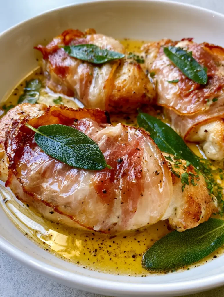 Chicken Saltimbocca with Crispy Prosciutto and White Wine Butter Sauce 2 Close up of seared Chicken Saltimbocca cutlets with visible sage leaves and crispy prosciutto in a golden sauce.