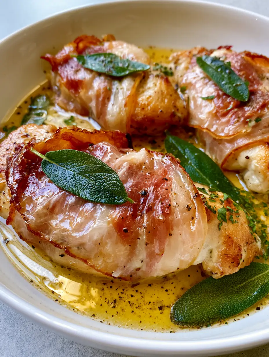 Chicken Saltimbocca with Crispy Prosciutto and White Wine Butter Sauce 4 Close up of seared Chicken Saltimbocca cutlets with visible sage leaves and crispy prosciutto in a golden sauce.