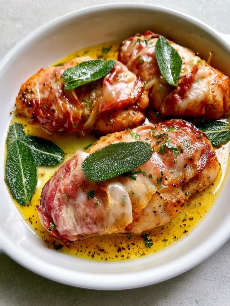 Chicken Saltimbocca with Crispy Prosciutto and White Wine Butter Sauce 1 Top down view of Chicken Saltimbocca in a white ceramic pan garnished with parsley and cracked black pepper.