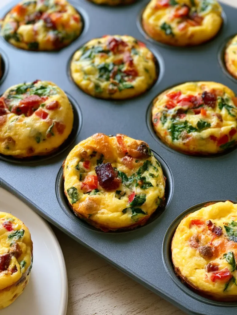 Close up handheld photo of Meal Prep Egg Muffins in a dark grey tin showing golden-brown puffed edges and vibrant spinach flakes.