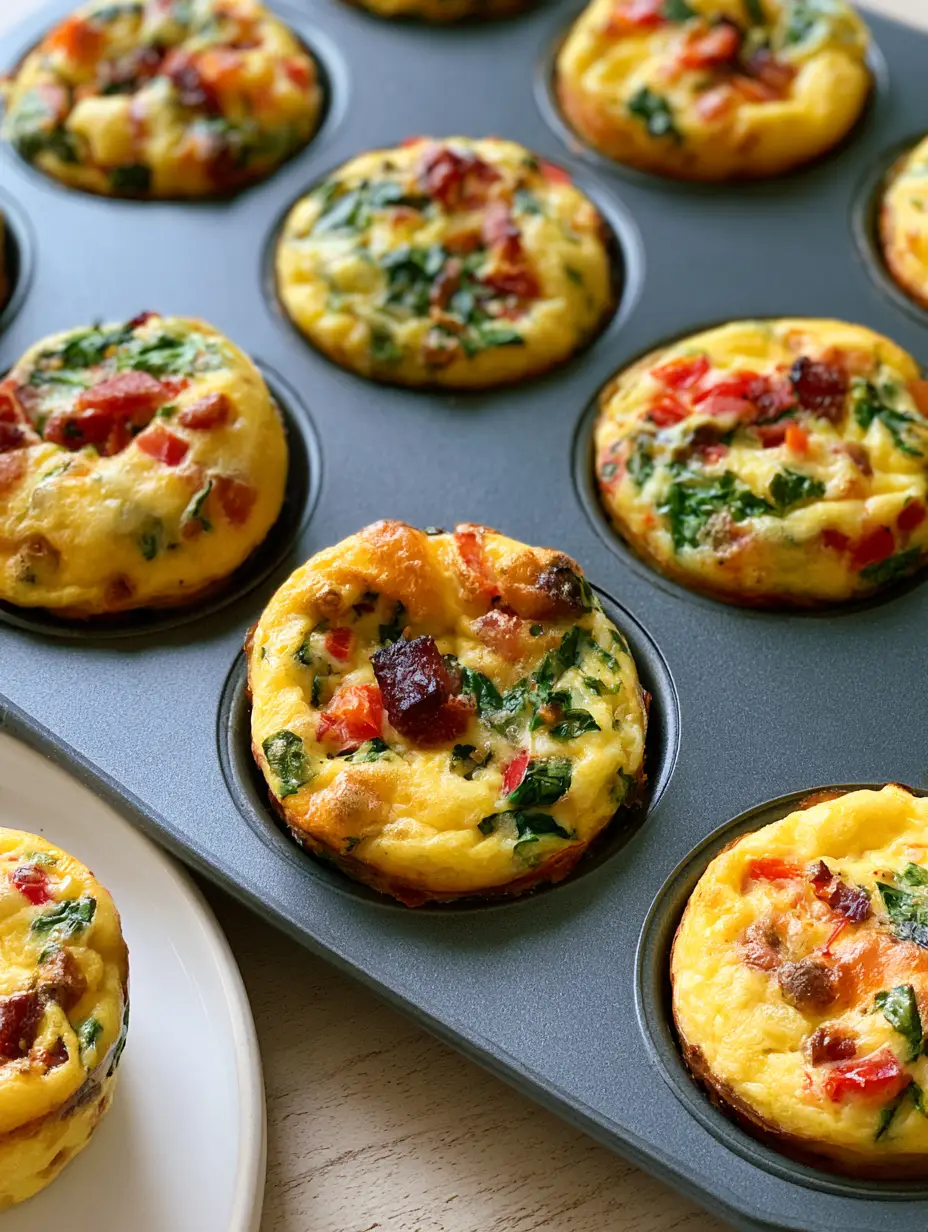 Close up handheld photo of Meal Prep Egg Muffins in a dark grey tin showing golden-brown puffed edges and vibrant spinach flakes.