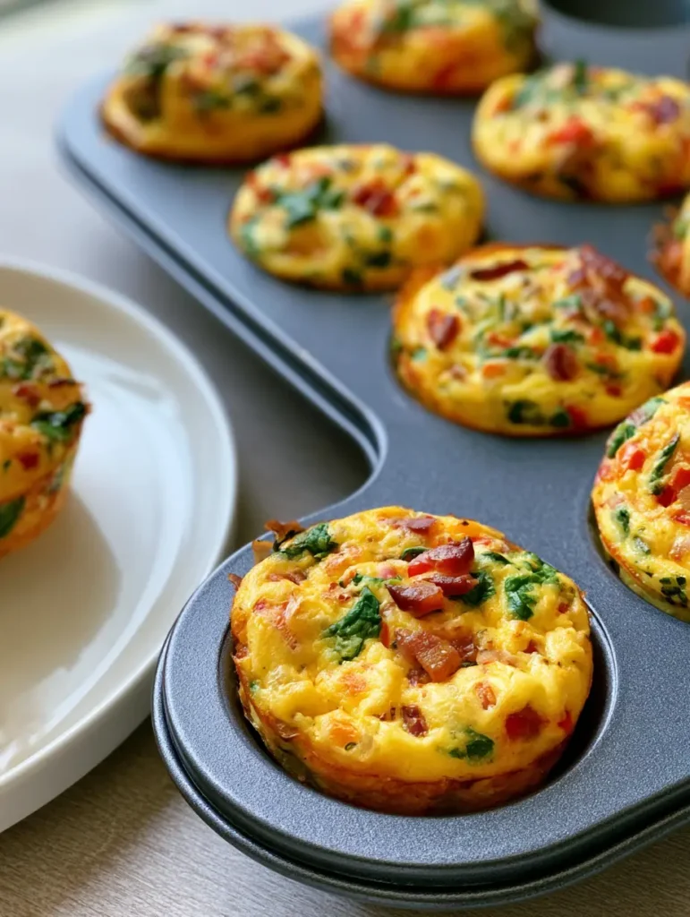 Two Meal Prep Egg Muffins on a white plate, showing the spongy interior texture and chunks of salt-cured bacon.