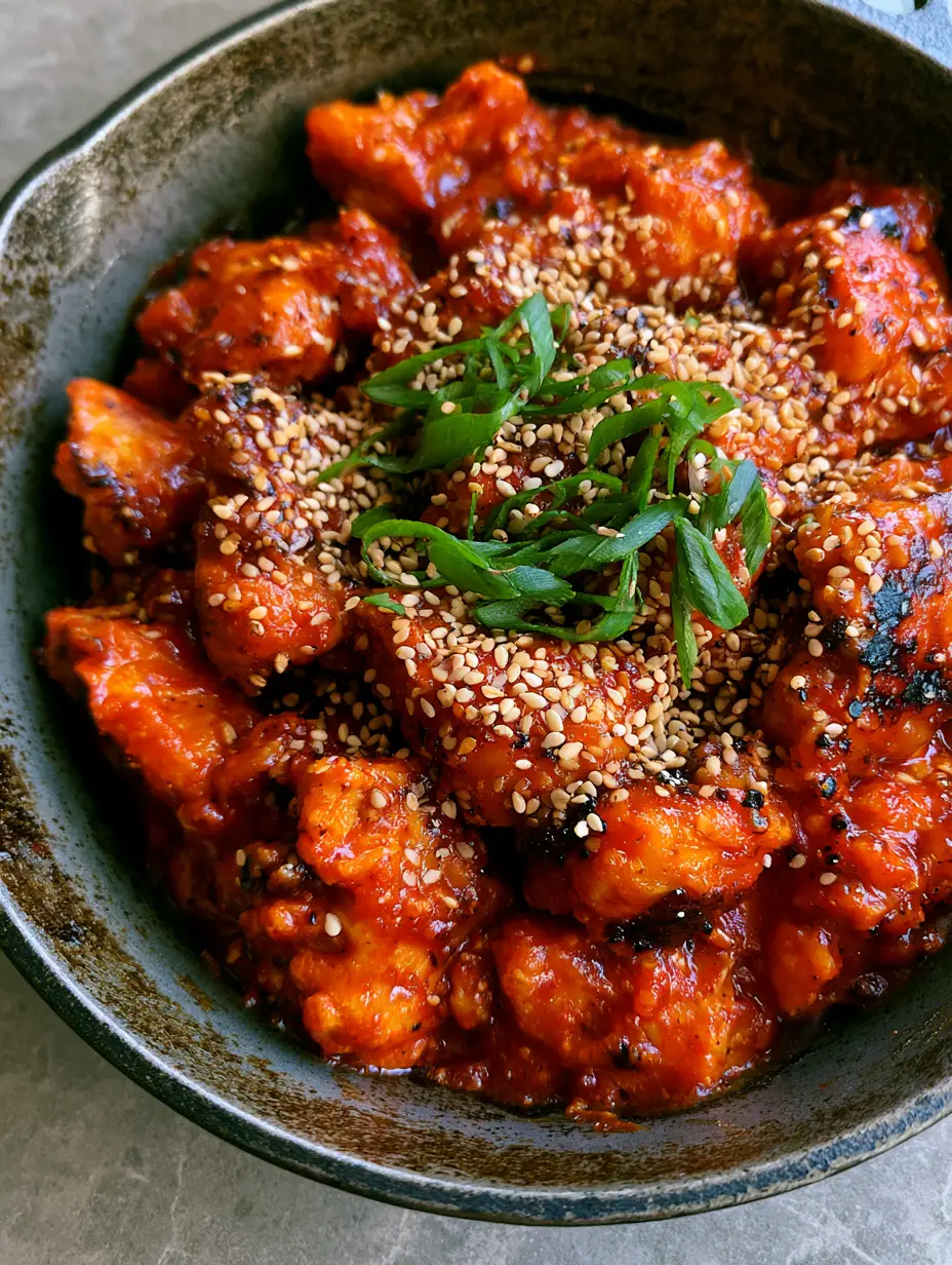 Handheld smartphone photo of bite-sized Korean Gochujang Chicken pieces in a weathered cast iron skillet.