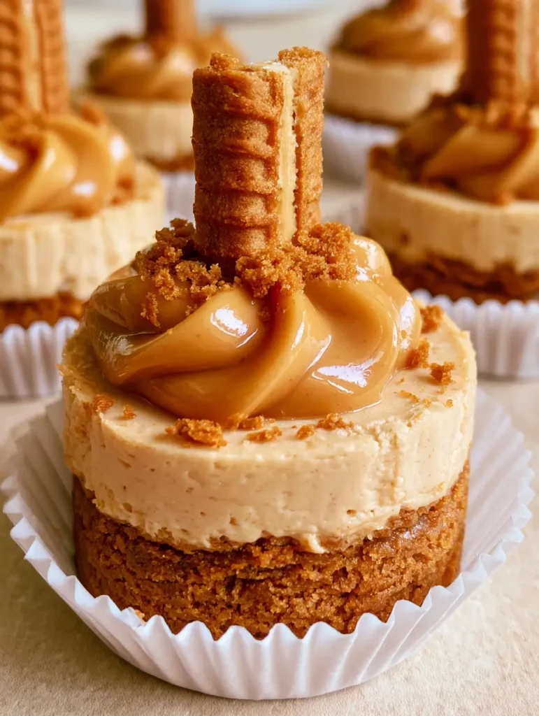 No-Bake Mini Biscoff Cheesecakes: The Ultimate Easy Dessert 2 A professional flat lay of No-Bake Mini Biscoff Cheesecakes showcasing the pale tan filling and golden crumb garnish.