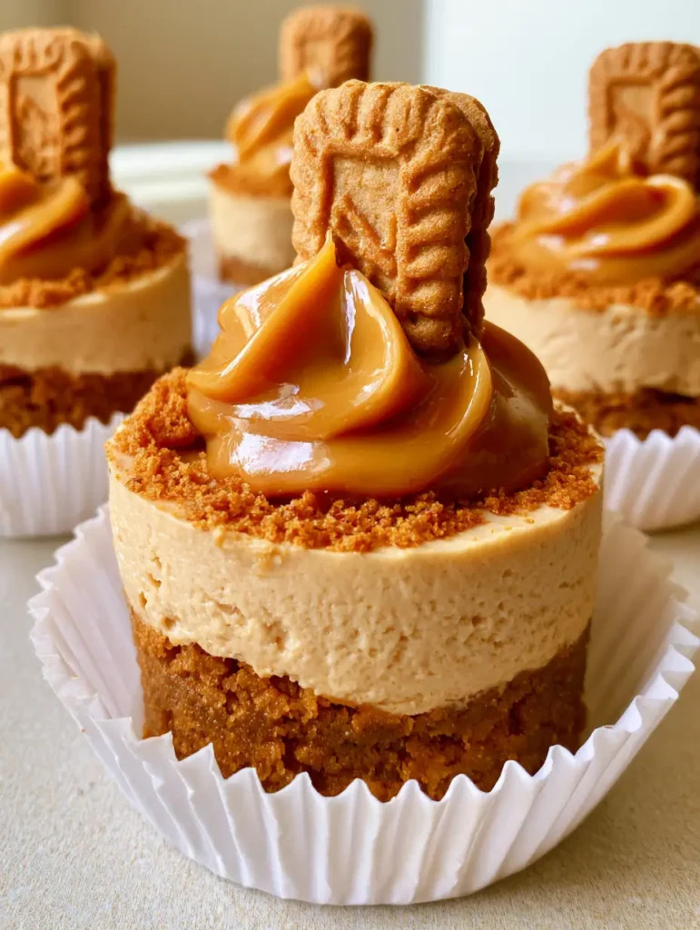 No-Bake Mini Biscoff Cheesecakes: The Ultimate Easy Dessert 1 Close-up detail of the glossy Biscoff swirl and vertical cookie garnish on the No-Bake Mini Biscoff Cheesecakes.