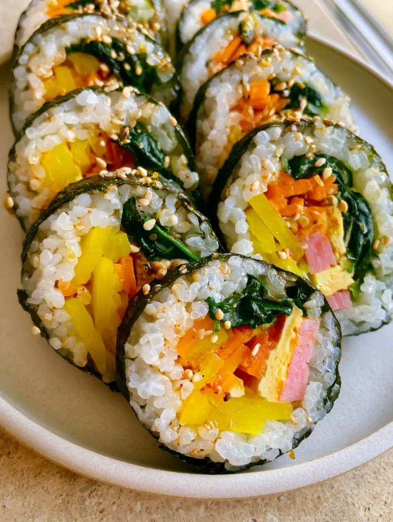 Close-up of kimbap rolls showing distinct layers of spinach, carrots, and egg. (Korean Kimbap Recipe)