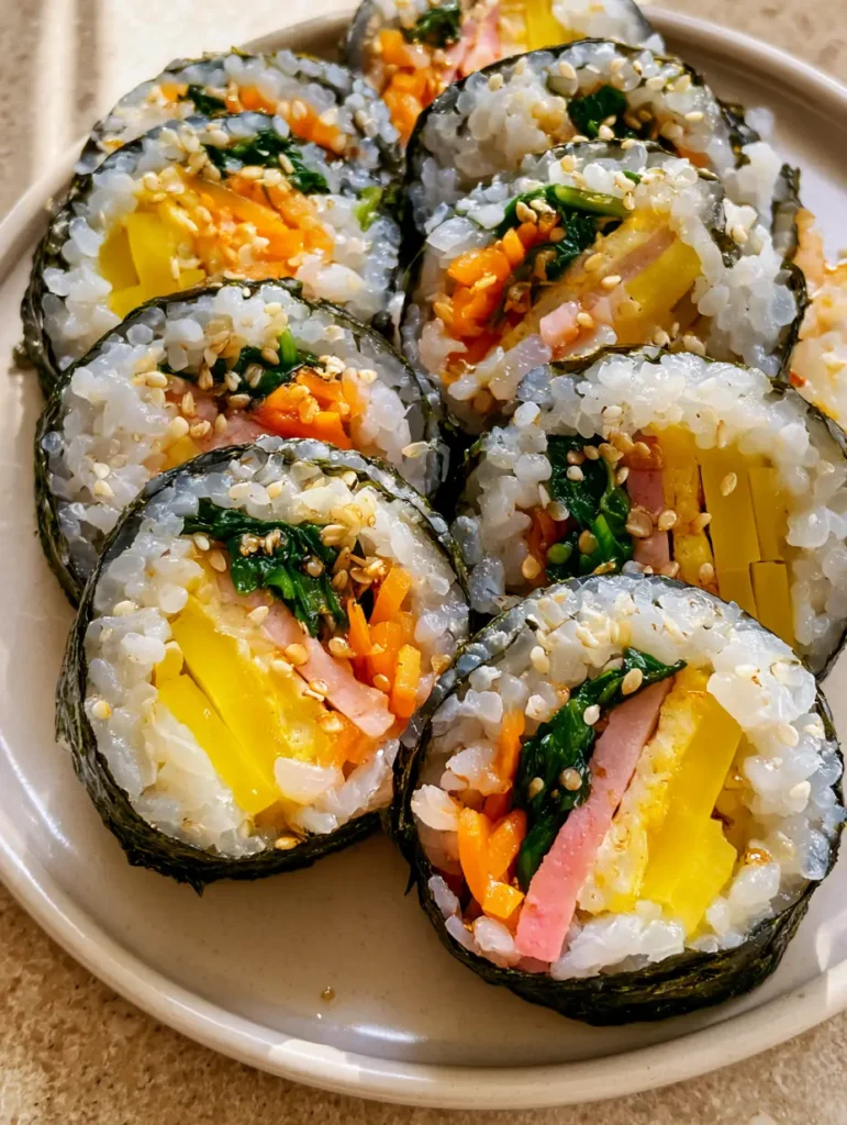Korean Kimbap Recipe: The Ultimate Guide to Perfect Slices 1 Neatly arranged slices of Korean Kimbap garnished with sesame seeds on a neutral background.