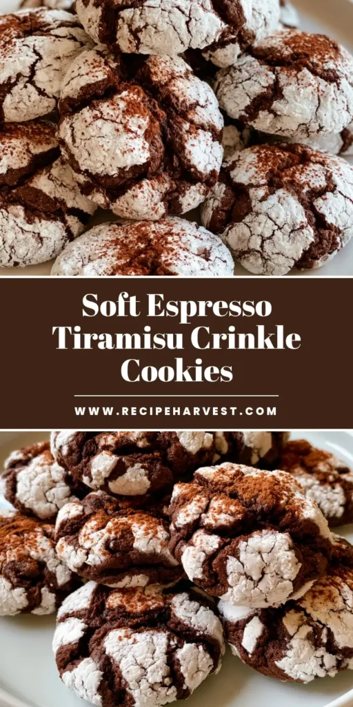 Tiramisu Crinkle Cookies: The Ultimate Espresso-Infused Cocoa Treat 4 A stack of Tiramisu Crinkle Cookies with deep espresso cocoa centers and cracked white powdered sugar coating on a white plate.