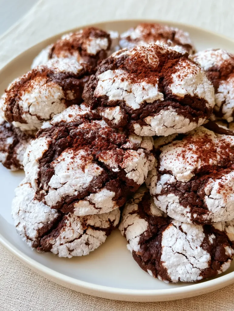 Close up handheld photo of Tiramisu Crinkle Cookies showing the thick chewy cocoa base and powdered sugar fissures.