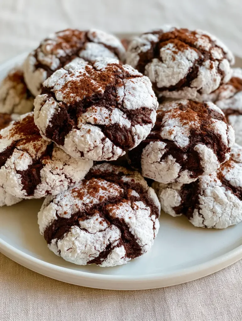 Tiramisu Crinkle Cookies: The Ultimate Espresso-Infused Cocoa Treat 1 A pile of Tiramisu Crinkle Cookies on a beige linen surface with a light dusting of cocoa powder.