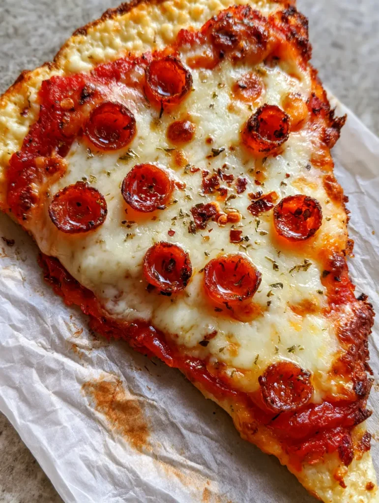 Cottage Cheese Pizza Crust: The Ultimate Crispy, Low-Carb Recipe 2 Top-down view of a thin golden-brown cottage cheese pizza crust with toasted cheese spots and oregano flakes.