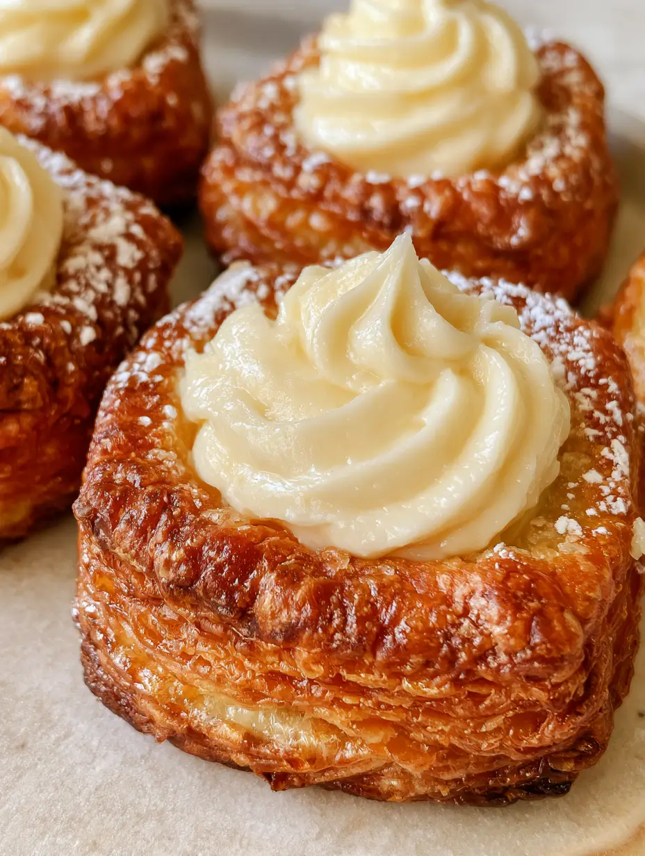 Close up of deep golden-brown flaky puff pastry layers on a Mini Cheese Danish. (Mini Cheese Danish)