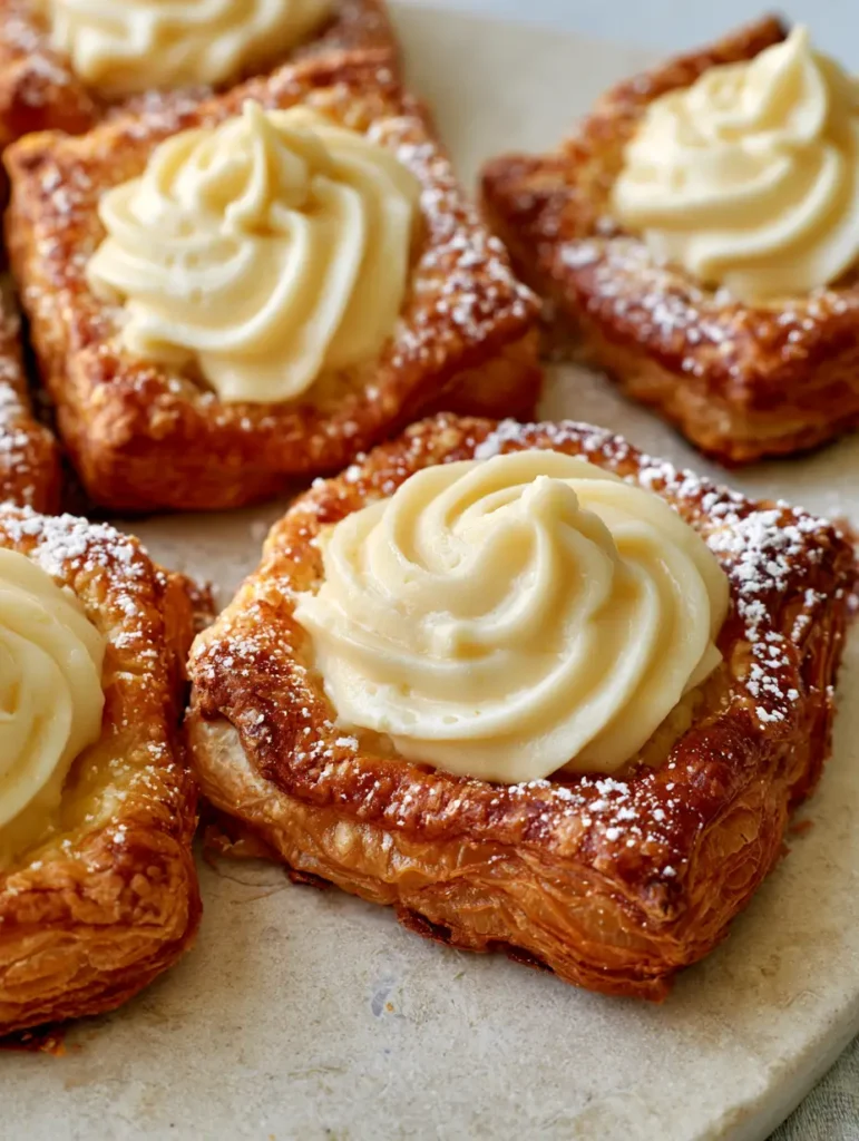 A tray of Mini Cheese Danishes dusted with fine white powdered sugar on a neutral stone surface.
