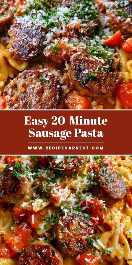 A top-down view of a white bowl featuring Italian Sausage Bow Tie Pasta with seared sausage rounds, red bell peppers, and a dusting of parmesan cheese.