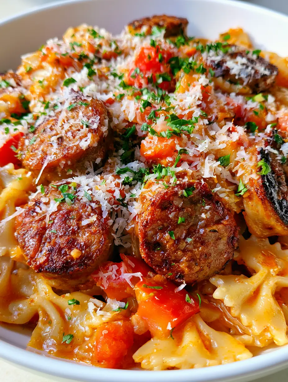 Close up of Italian Sausage Bow Tie Pasta showing the glossy reddish-orange tomato oil sauce and browned sausage edges.