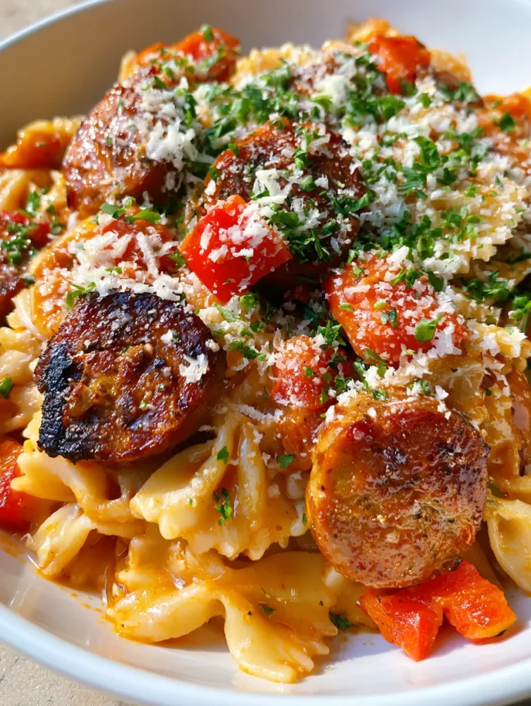 Handheld shot of a white bowl filled with Italian Sausage Bow Tie Pasta, topped with fresh parsley and grated parmesan.
