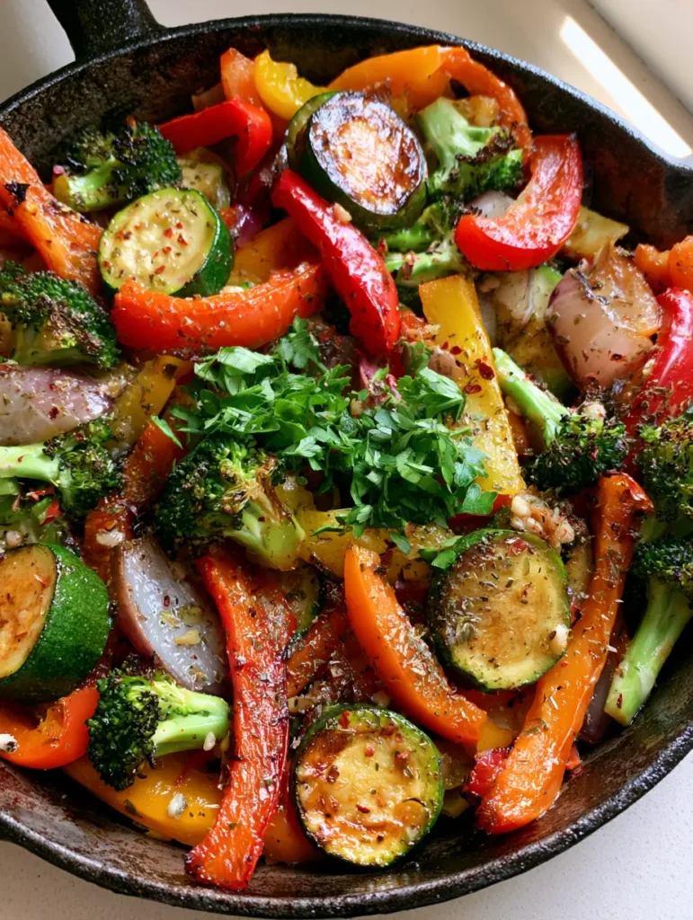 Top-down view of a rustic cast iron skillet with seared zucchini, charred broccoli, and bell pepper strips. (sautéed vegetables recipe)