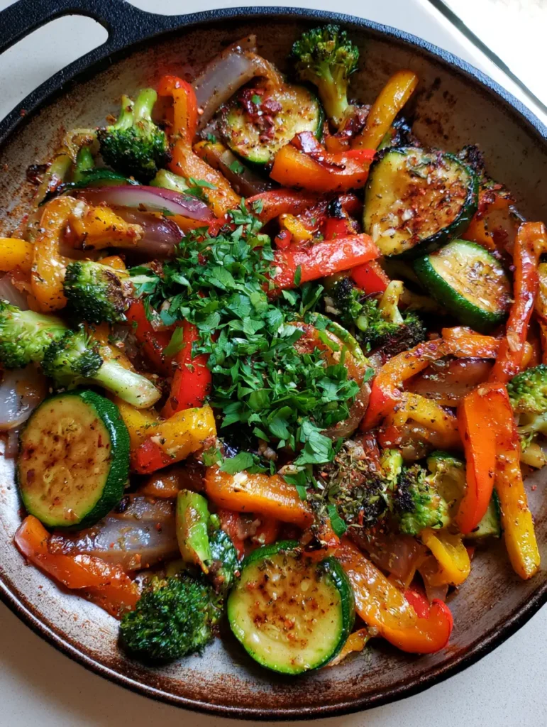 Sautéed Vegetables Recipe: The Best Easy Skillet Side Dish 1 Close up of sautéed red, yellow, and orange bell peppers with translucent red onions and herbs.