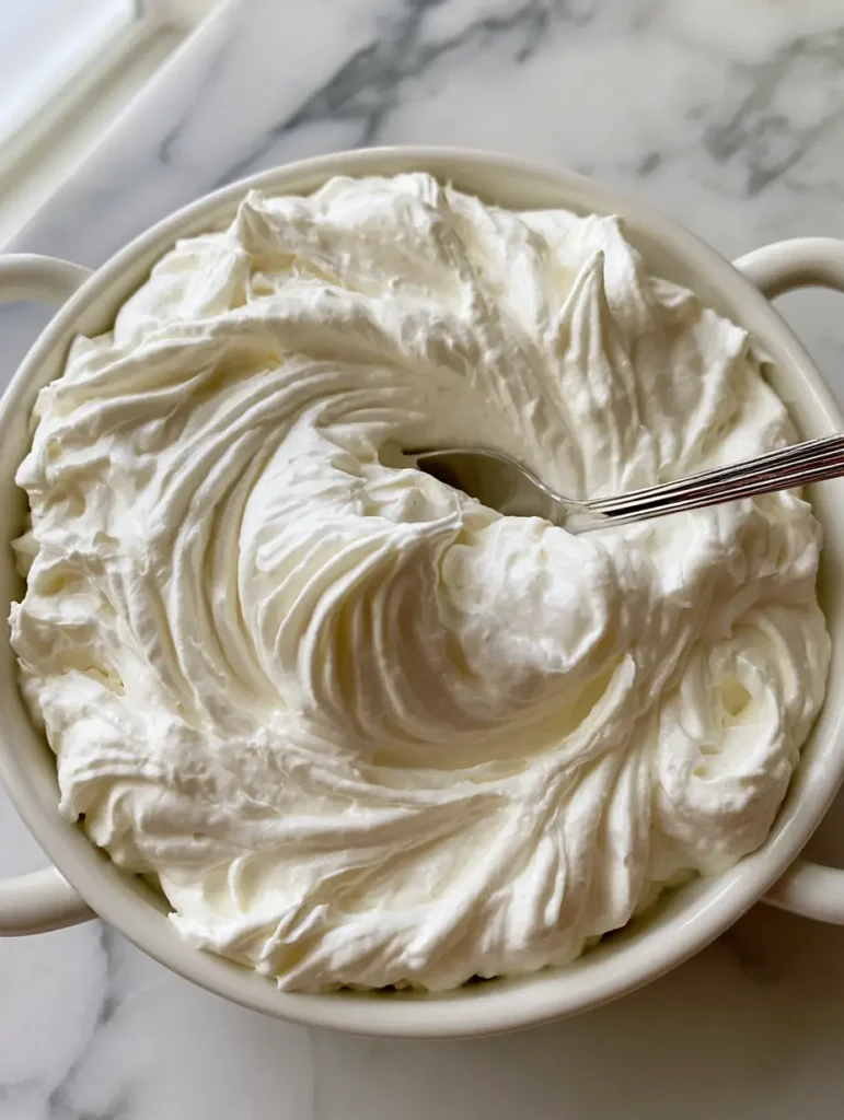 Home 8 Close up of thick, glossy white whipped cream frosting in a ceramic bowl with a silver spoon. (Whipped Cream Frosting)