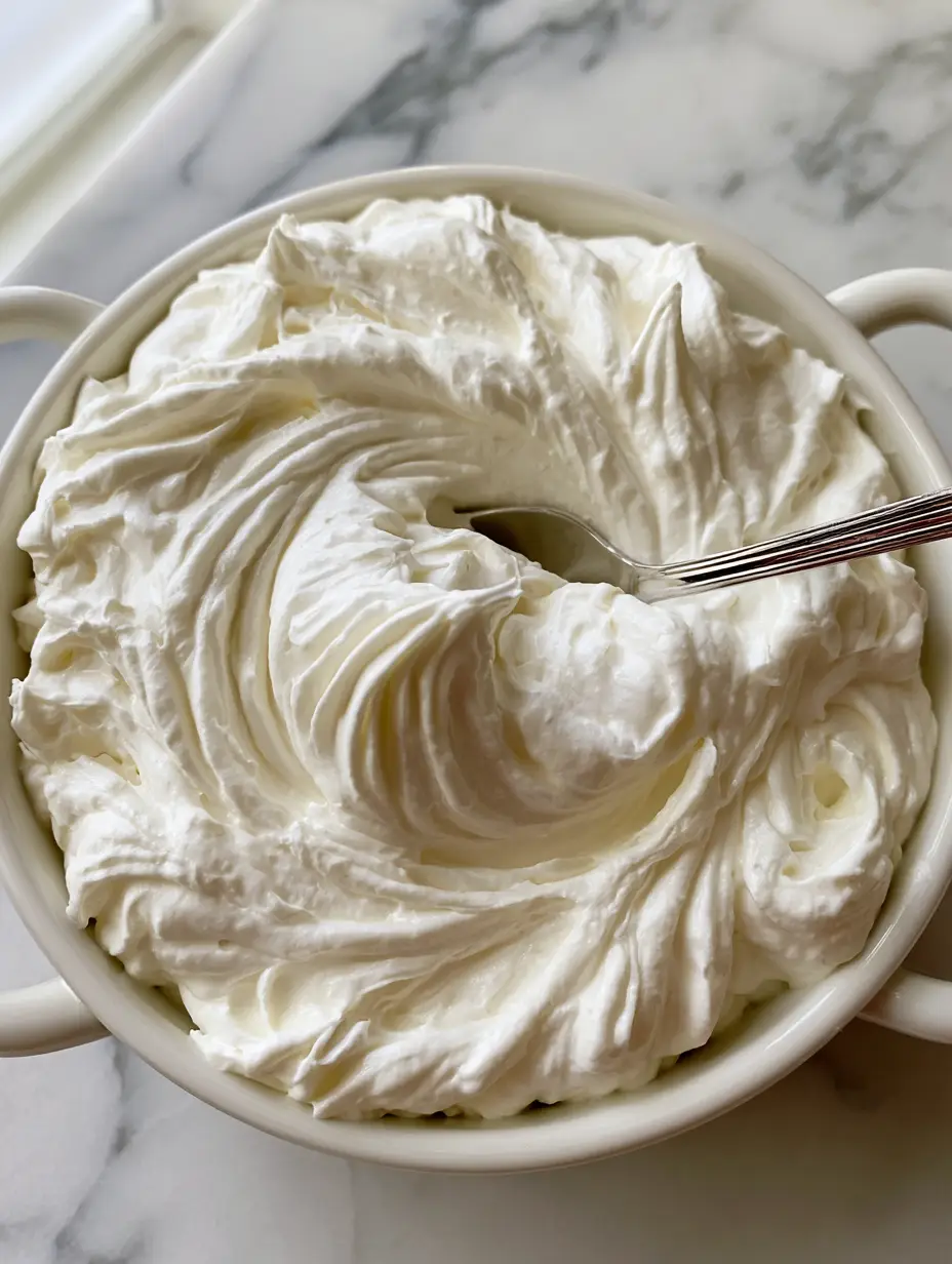 Close up of thick, glossy white whipped cream frosting in a ceramic bowl with a silver spoon. (Whipped Cream Frosting)