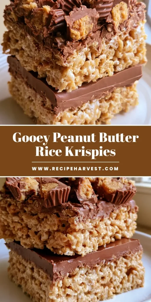 Chocolate Peanut Butter Rice Krispie Treats: The Ultimate No-Bake Layered Dessert 4 A tall vertical stack of thick Chocolate Peanut Butter Rice Krispie Treats featuring a golden cereal base, a solid milk chocolate layer, and chopped Reese's cups on a white plate.