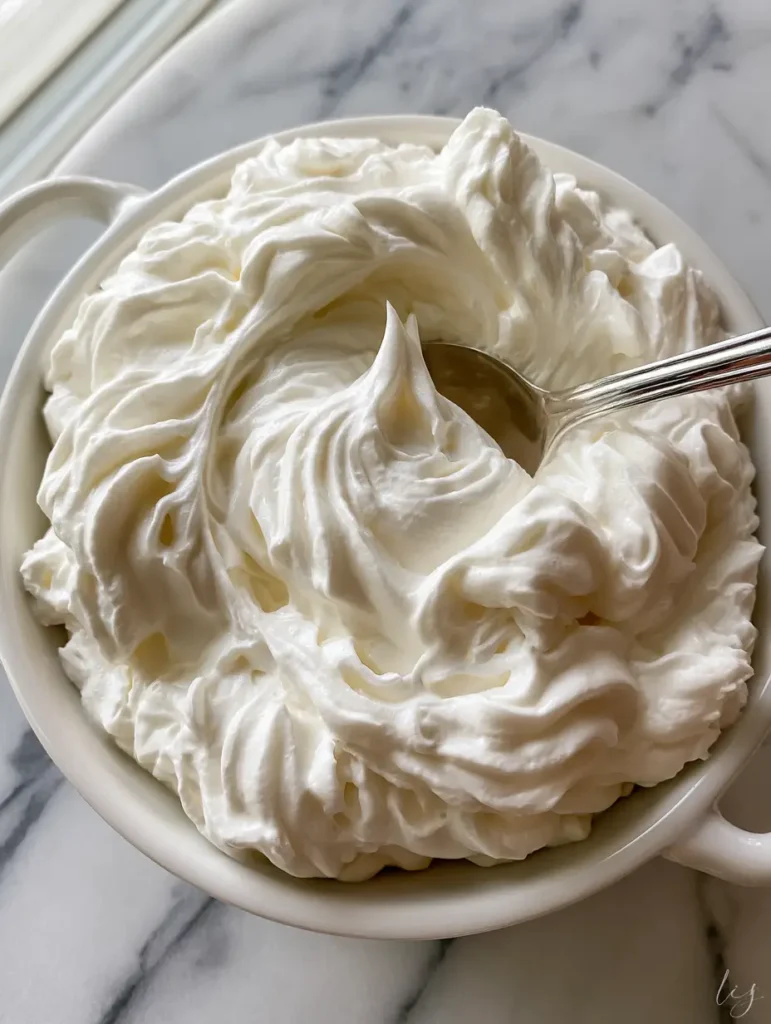 Overhead view of Whipped Cream Frosting in a white ramekin on a grey marble surface.