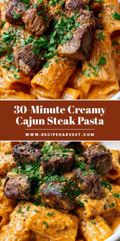 Cajun Steak Pasta with Creamy Parmesan Sauce 4 A close-up vertical shot of Cajun Steak Pasta featuring glossy rigatoni and seared steak tips in an orange sauce.